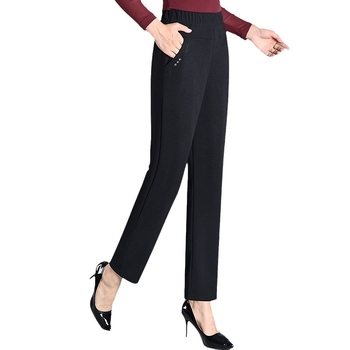 Középkorú és idősebb nőknek szóló nadrágok tavasszal-ősszel, magas derék, egyenes szabás, poliészter-elasztán szövet (<30%)