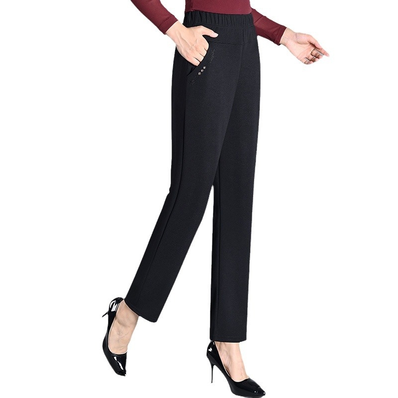 Középkorú és idősebb nőknek szóló nadrágok tavasszal-ősszel, magas derék, egyenes szabás, poliészter-elasztán szövet (<30%)