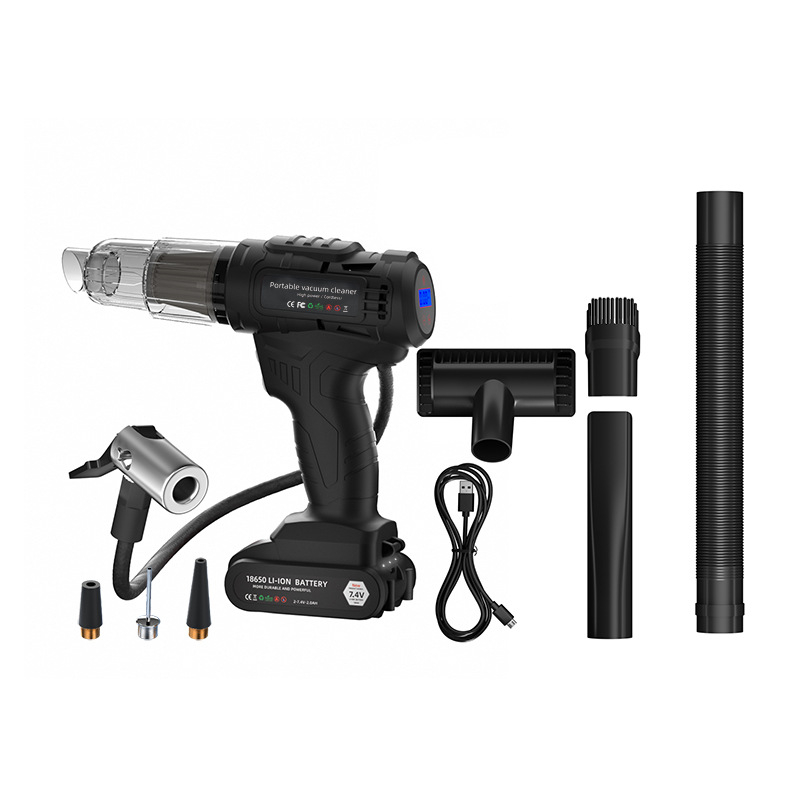 Портативна ръчна вакуум помпа за автомобил с всмукване 5500 Па, 65 W, 7.4 V, презареждаема, 25 минути работа, светлина и измерване на налягането в гумите