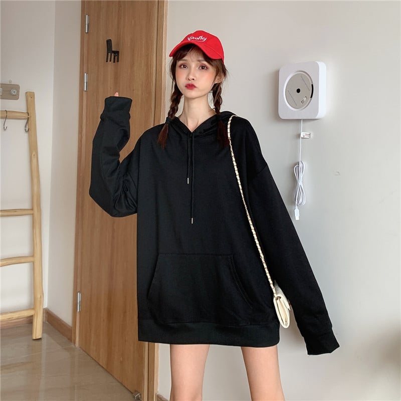 Дамски качулен суитшърт с подплата от флис – свободен силует, дълги ръкави, средна дължина, материя milk silk и полиестер, градски стил за свободното време