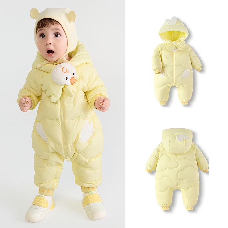 Unisex detský overal s páperím pre novorodencov, zima 2025, výplň biele páperie kačíc 91–94%, vonkajší a vnútorný materiál nylon 100%