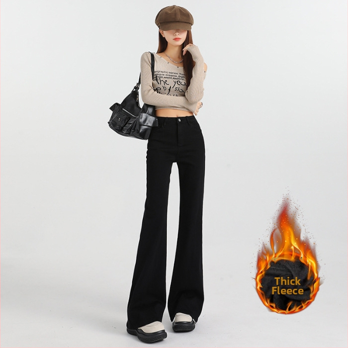 Дънки за жени — висока талия, еластични, оформящи, леко разкроени деним с подплата от флийс