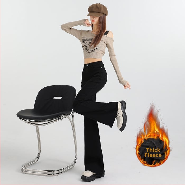 Дънки за жени — висока талия, еластични, оформящи, леко разкроени деним с подплата от флийс