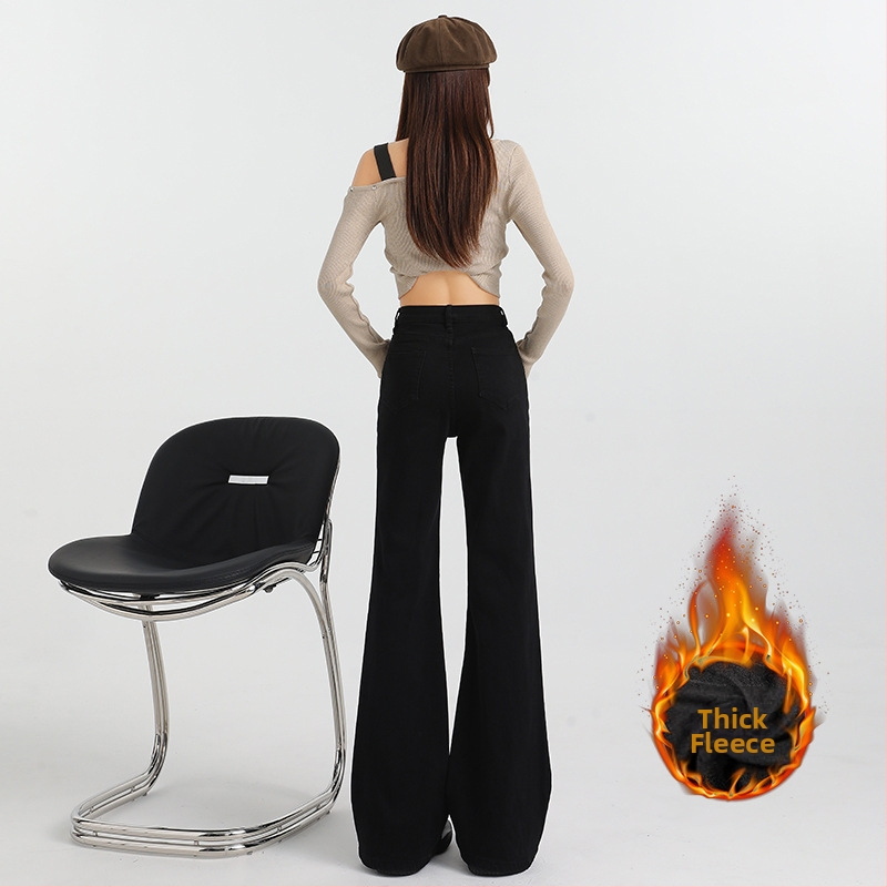 Дънки за жени — висока талия, еластични, оформящи, леко разкроени деним с подплата от флийс