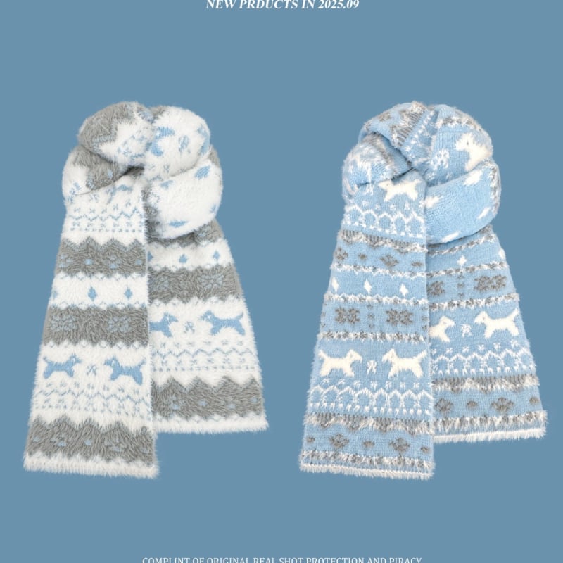 Шал - корейски стил Fair Isle с котешки мотив, двустранен жакард (Plain weave; Keeps warm; Winter; Polyester)