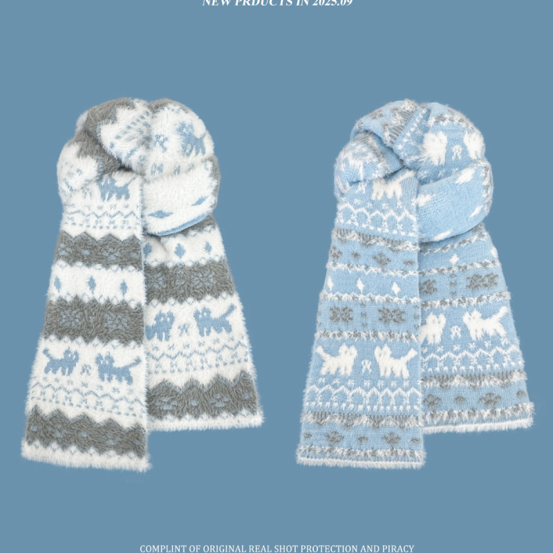 Шал - корейски стил Fair Isle с котешки мотив, двустранен жакард (Plain weave; Keeps warm; Winter; Polyester)