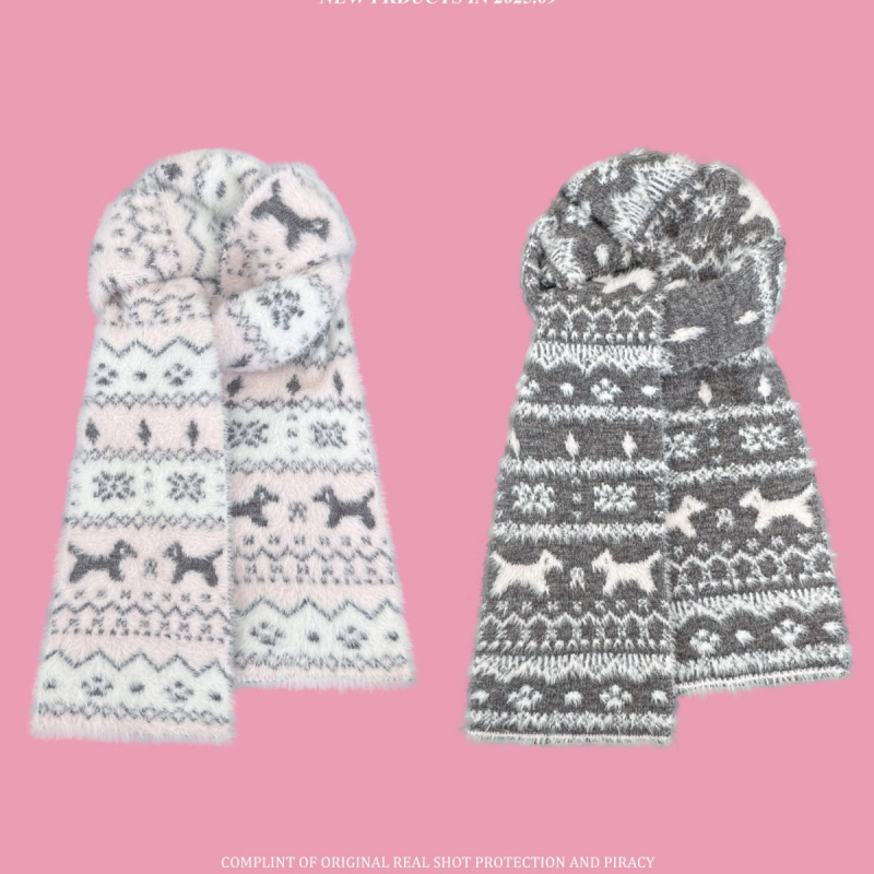 Шал - корейски стил Fair Isle с котешки мотив, двустранен жакард (Plain weave; Keeps warm; Winter; Polyester)