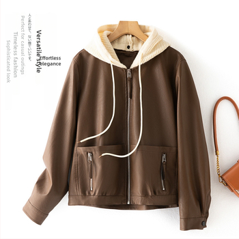 Geacă de piele pentru femei cu glugă, lungime extinsă, închidere cu fermoar, stil urban — vara 2024