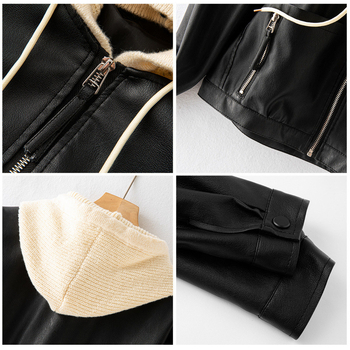 Geacă de piele pentru femei cu glugă, lungime extinsă, închidere cu fermoar, stil urban — vara 2024