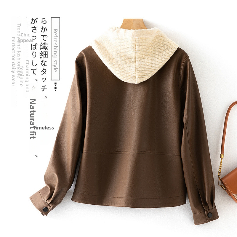 Geacă de piele pentru femei cu glugă, lungime extinsă, închidere cu fermoar, stil urban — vara 2024