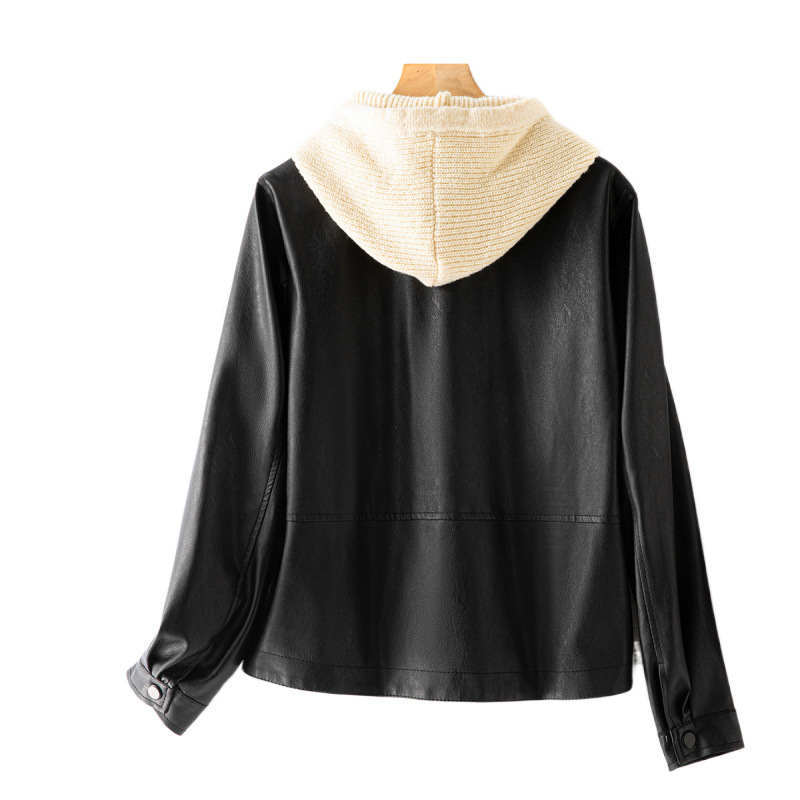 Geacă de piele pentru femei cu glugă, lungime extinsă, închidere cu fermoar, stil urban — vara 2024