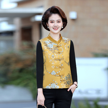 Дамска жилетка в китайски стил с V-образно деколте, закопчаване с катарами по планката, принт растения и цветя, материя полиестер (≥95%), свободна кройка, дължина 50–65 cm