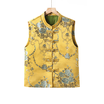 Дамска жилетка в китайски стил с V-образно деколте, закопчаване с катарами по планката, принт растения и цветя, материя полиестер (≥95%), свободна кройка, дължина 50–65 cm
