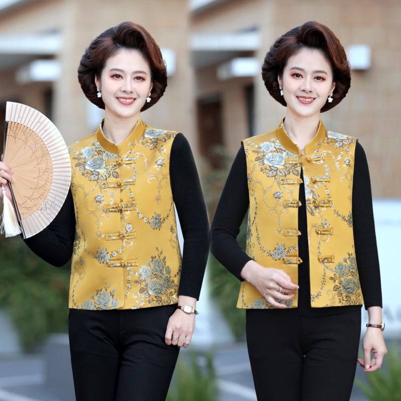 Дамска жилетка в китайски стил с V-образно деколте, закопчаване с катарами по планката, принт растения и цветя, материя полиестер (≥95%), свободна кройка, дължина 50–65 cm