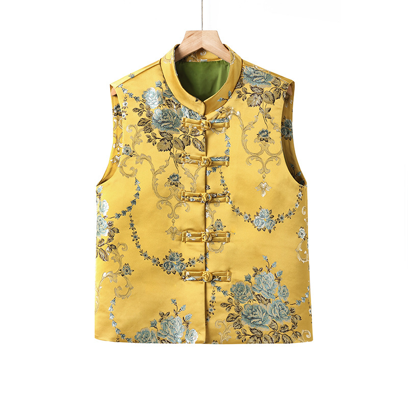 Дамска жилетка в китайски стил с V-образно деколте, закопчаване с катарами по планката, принт растения и цветя, материя полиестер (≥95%), свободна кройка, дължина 50–65 cm