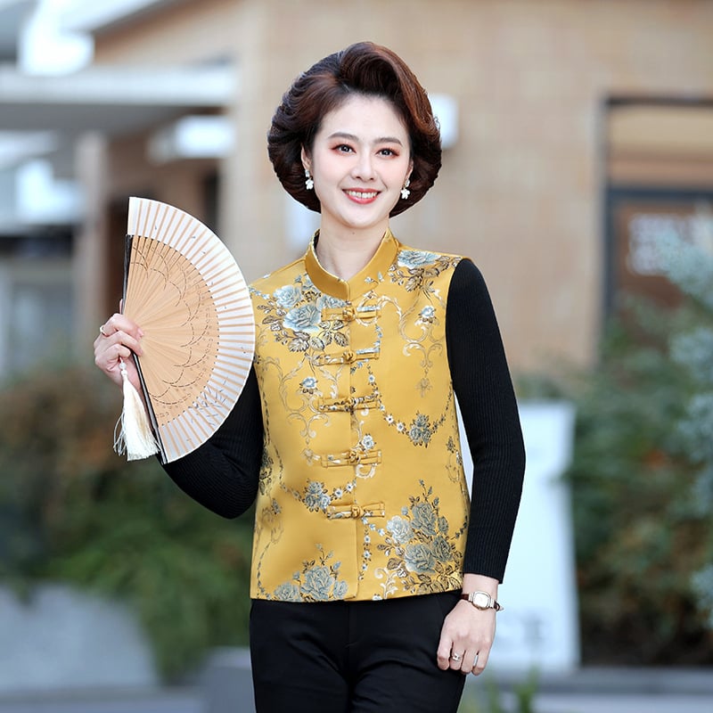 Дамска жилетка в китайски стил с V-образно деколте, закопчаване с катарами по планката, принт растения и цветя, материя полиестер (≥95%), свободна кройка, дължина 50–65 cm