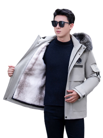 Ανδρικό γούνινο παρκά με αποσπώμενη επένδυση από νορκα και γούνα αλεπούς, φερμουάρ, μεσαίου μήκους