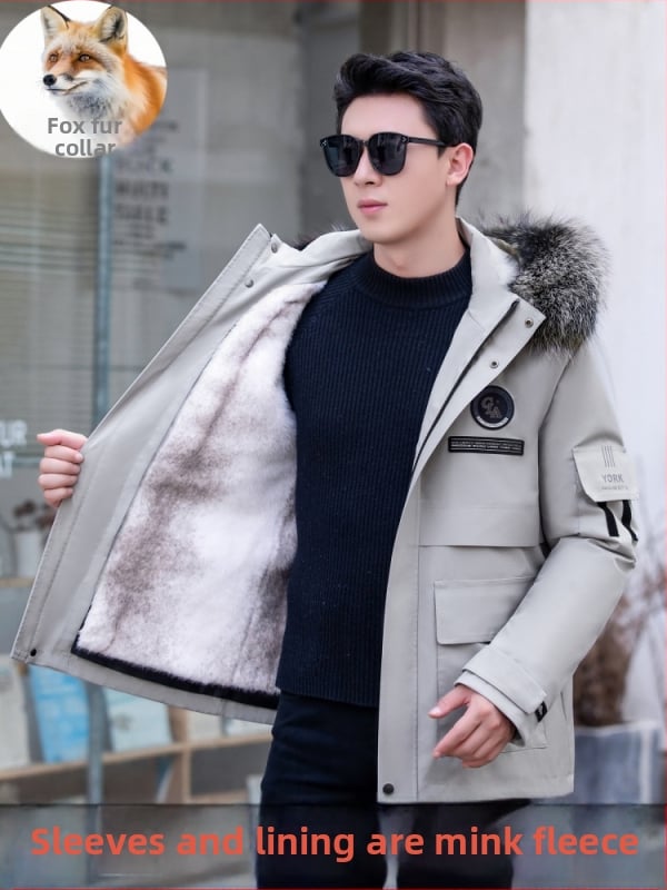 Ανδρικό γούνινο παρκά με αποσπώμενη επένδυση από νορκα και γούνα αλεπούς, φερμουάρ, μεσαίου μήκους