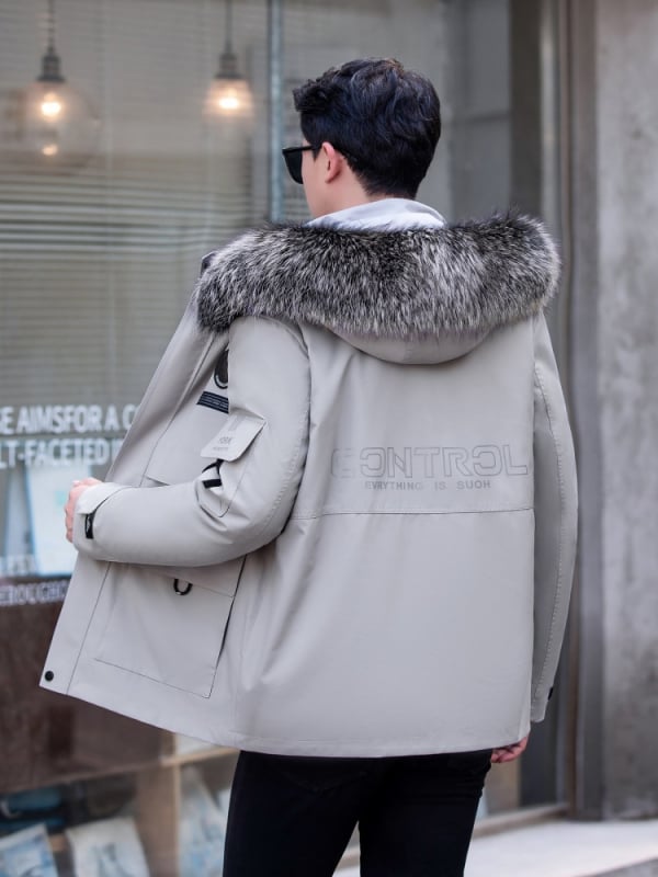 Ανδρικό γούνινο παρκά με αποσπώμενη επένδυση από νορκα και γούνα αλεπούς, φερμουάρ, μεσαίου μήκους