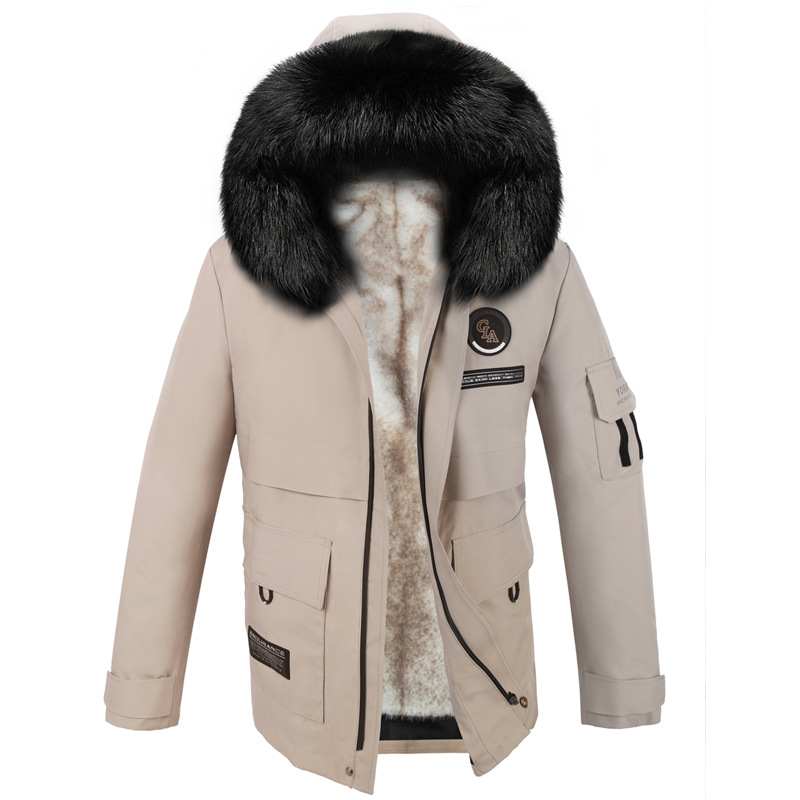 Ανδρικό γούνινο παρκά με αποσπώμενη επένδυση από νορκα και γούνα αλεπούς, φερμουάρ, μεσαίου μήκους