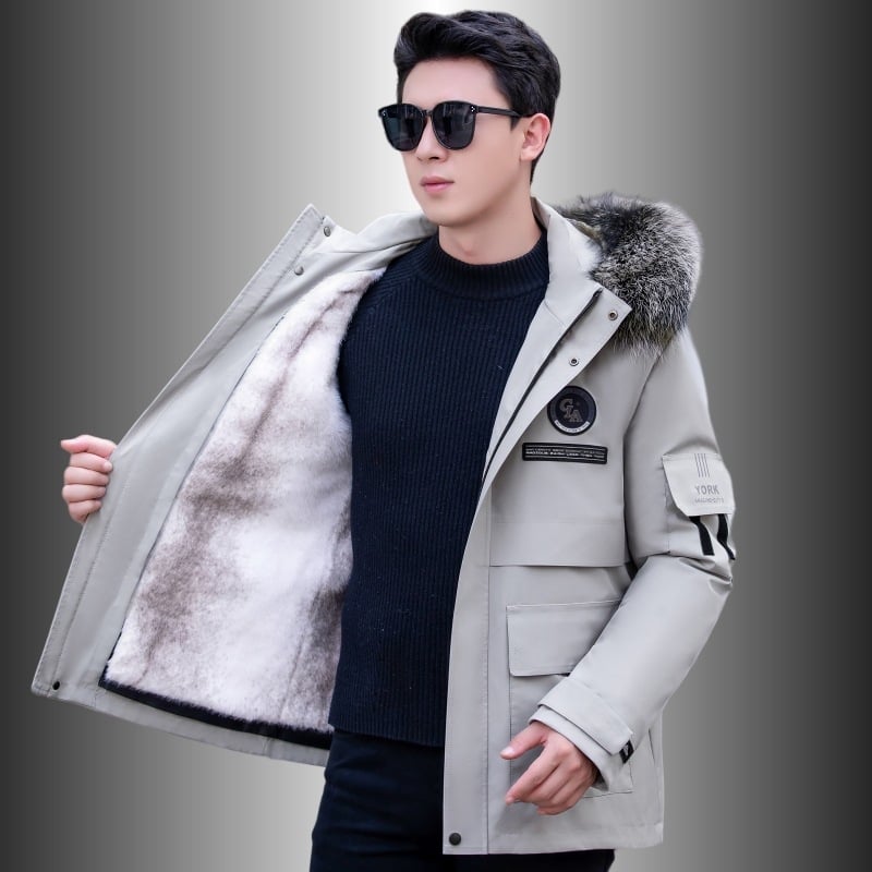 Ανδρικό γούνινο παρκά με αποσπώμενη επένδυση από νορκα και γούνα αλεπούς, φερμουάρ, μεσαίου μήκους