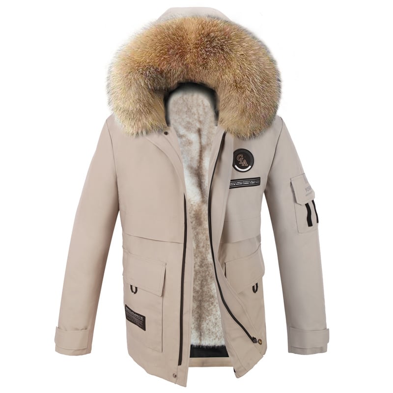 Ανδρικό γούνινο παρκά με αποσπώμενη επένδυση από νορκα και γούνα αλεπούς, φερμουάρ, μεσαίου μήκους