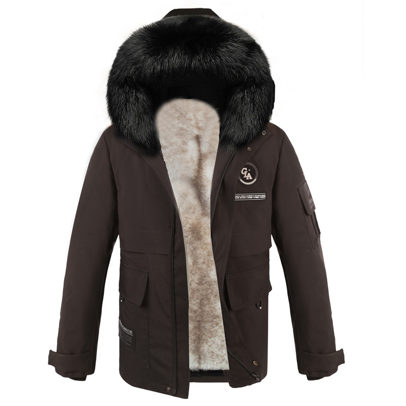 Ανδρικό γούνινο παρκά με αποσπώμενη επένδυση από νορκα και γούνα αλεπούς, φερμουάρ, μεσαίου μήκους