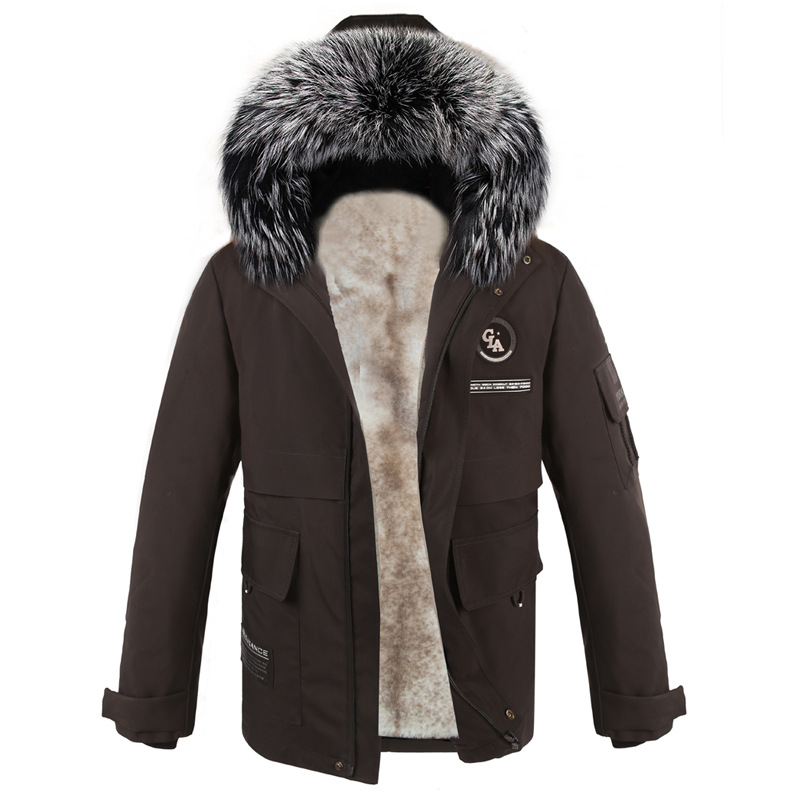Ανδρικό γούνινο παρκά με αποσπώμενη επένδυση από νορκα και γούνα αλεπούς, φερμουάρ, μεσαίου μήκους