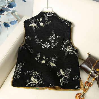 Жилетка за жени в китайски стил с бродерия, свободна кройка, полиестерна материя (90–95% полиестер), кръгла яка, модел растения и цветя