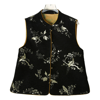 Жилетка за жени в китайски стил с бродерия, свободна кройка, полиестерна материя (90–95% полиестер), кръгла яка, модел растения и цветя
