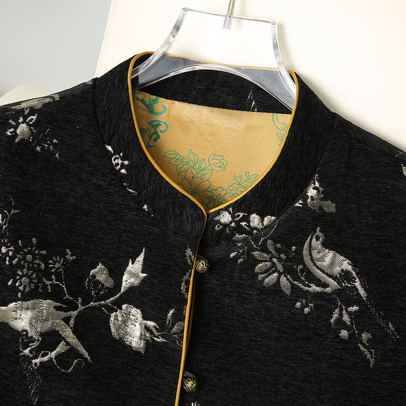 Жилетка за жени в китайски стил с бродерия, свободна кройка, полиестерна материя (90–95% полиестер), кръгла яка, модел растения и цветя
