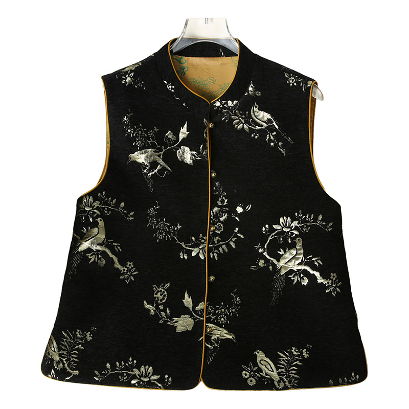 Жилетка за жени в китайски стил с бродерия, свободна кройка, полиестерна материя (90–95% полиестер), кръгла яка, модел растения и цветя
