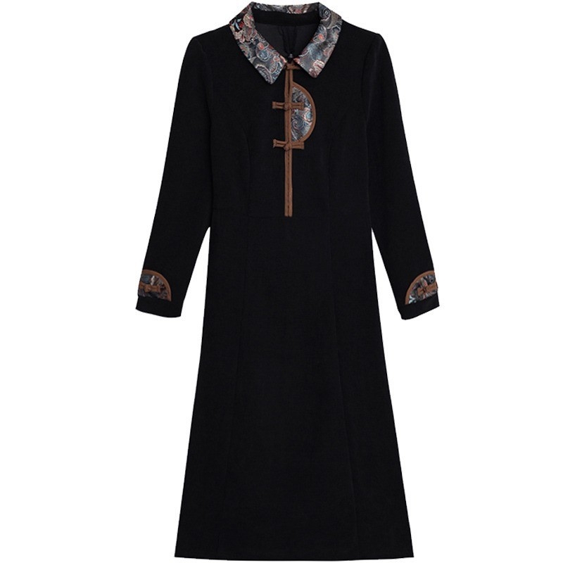 Cheongsam haljina, A-linijska silueta, baršunasta tkanina, geometrijski uzorak, dugi rukavi, visoki struk