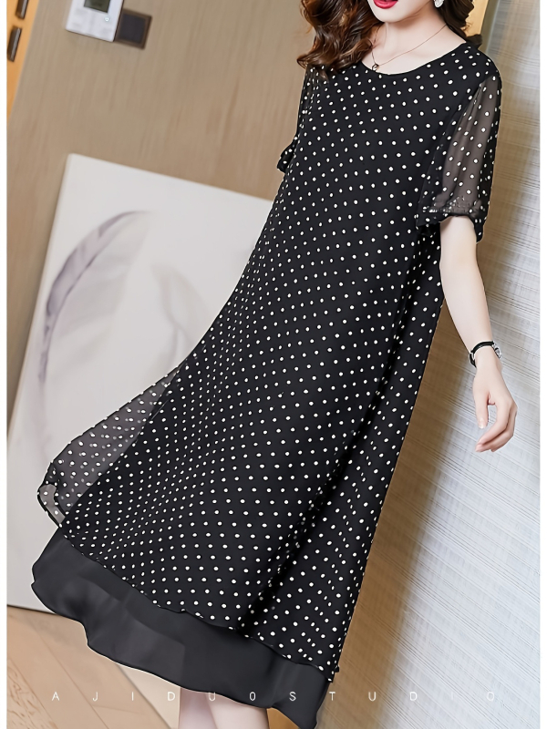 Rochie din chiffon cu imprimeu cu buline, croială A-line, guler rotund, mâneci scurte, lungime midi