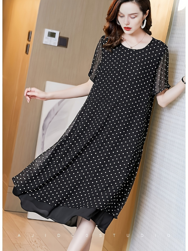 Rochie din chiffon cu imprimeu cu buline, croială A-line, guler rotund, mâneci scurte, lungime midi