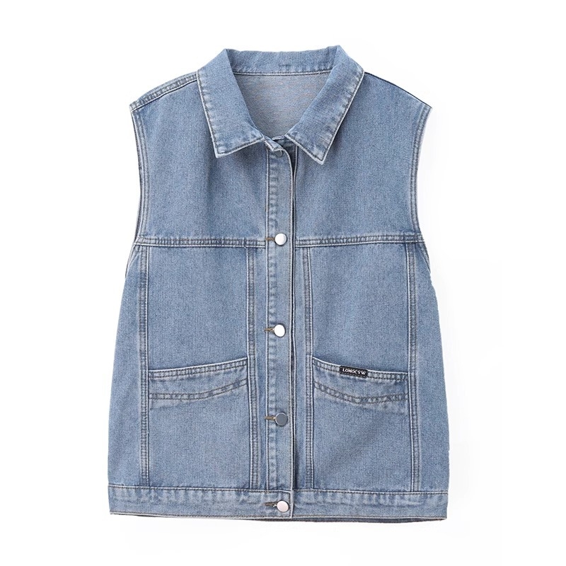 Деним жилетка за жени, тесен силует, къс модел, поло яка, закопчаване с катарами, пълнеж от памук