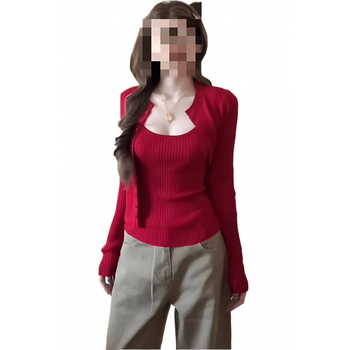 Двухчастен плетен комплект: потник и жилетка, квадратно деколте, тесен силует, дълги ръкави, есен 2025