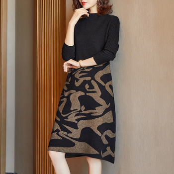 Midi pletena haljina, A-linija silueta, jednofarbna, viscose-poliester pletivo, pulover stil