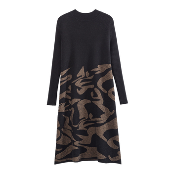 Midi pletena haljina, A-linija silueta, jednofarbna, viscose-poliester pletivo, pulover stil