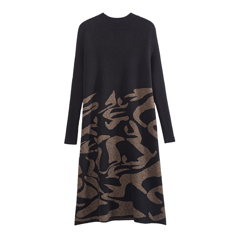 Midi pletena haljina, A-linija silueta, jednofarbna, viscose-poliester pletivo, pulover stil