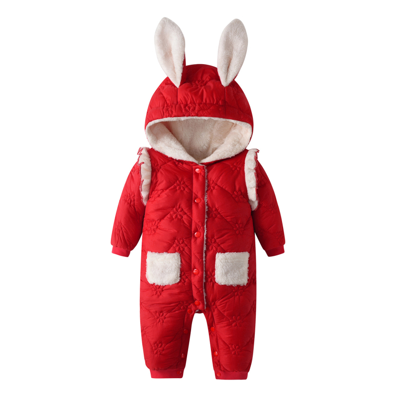 Salopetă de iarnă pentru sugari și copii mici, cu glugă, model desen animat, călduroasă, mâneci lungi, închidere frontală cu un rând de nasturi, 81–90% fibră regenerată de celuloză