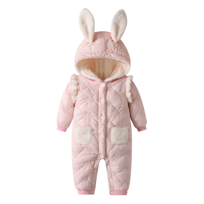 Salopetă de iarnă pentru sugari și copii mici, cu glugă, model desen animat, călduroasă, mâneci lungi, închidere frontală cu un rând de nasturi, 81–90% fibră regenerată de celuloză