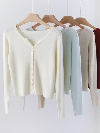 Женски плетен кардиган с V-образно деколте, закопчаване с едно ред копчета, дълги ръкави, тънък силует, полиестер/акрил смес