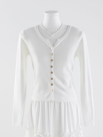 Женски плетен кардиган с V-образно деколте, закопчаване с едно ред копчета, дълги ръкави, тънък силует, полиестер/акрил смес