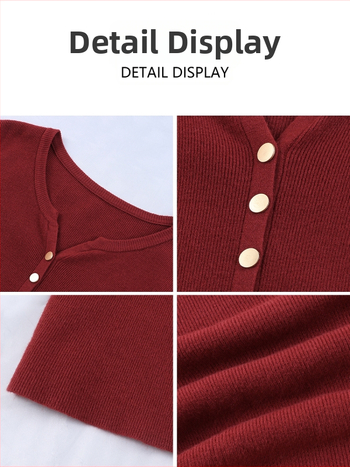 Женски плетен кардиган с V-образно деколте, закопчаване с едно ред копчета, дълги ръкави, тънък силует, полиестер/акрил смес