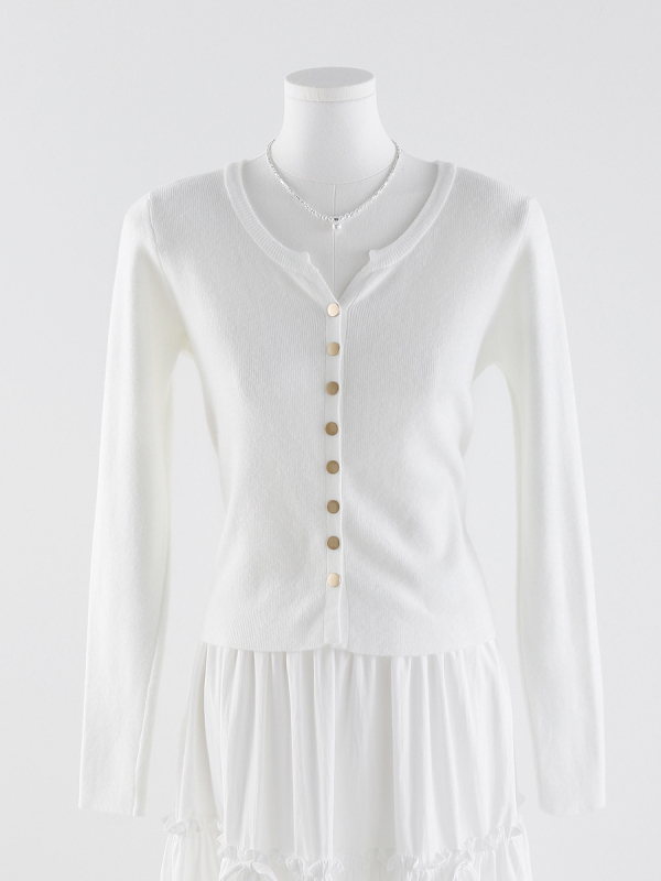 Женски плетен кардиган с V-образно деколте, закопчаване с едно ред копчета, дълги ръкави, тънък силует, полиестер/акрил смес