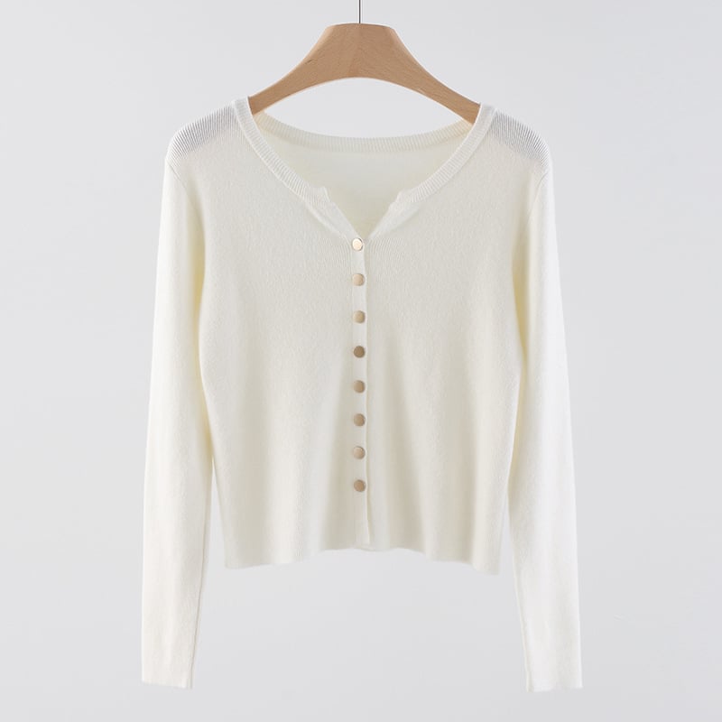Женски плетен кардиган с V-образно деколте, закопчаване с едно ред копчета, дълги ръкави, тънък силует, полиестер/акрил смес
