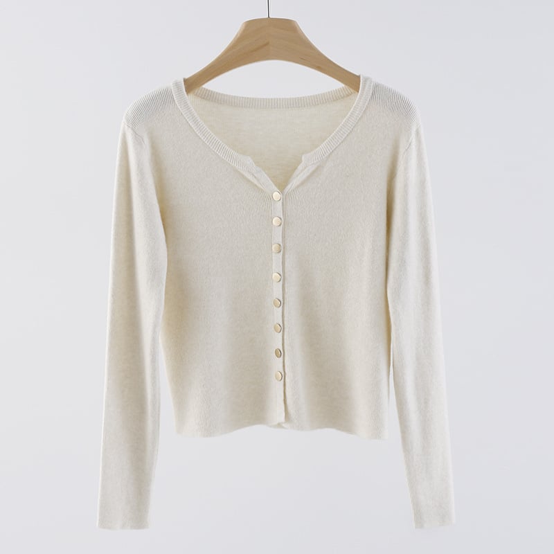 Женски плетен кардиган с V-образно деколте, закопчаване с едно ред копчета, дълги ръкави, тънък силует, полиестер/акрил смес