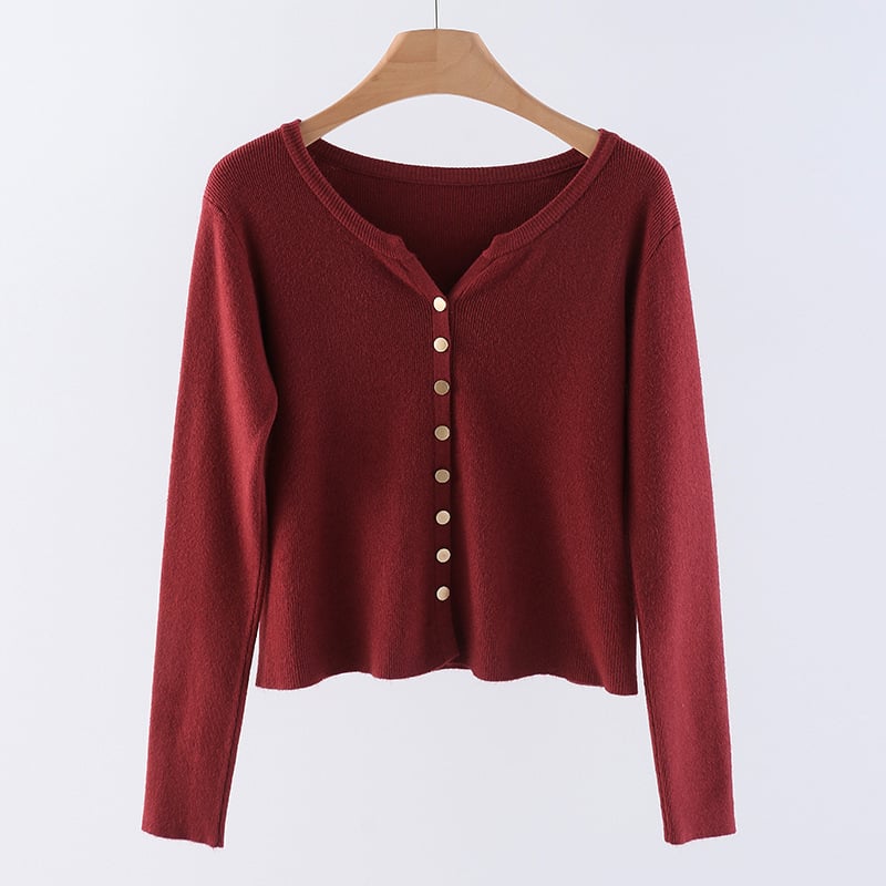 Женски плетен кардиган с V-образно деколте, закопчаване с едно ред копчета, дълги ръкави, тънък силует, полиестер/акрил смес