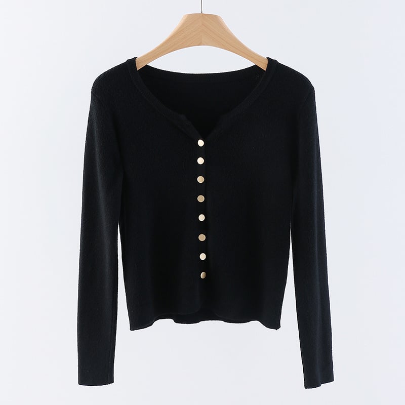 Женски плетен кардиган с V-образно деколте, закопчаване с едно ред копчета, дълги ръкави, тънък силует, полиестер/акрил смес